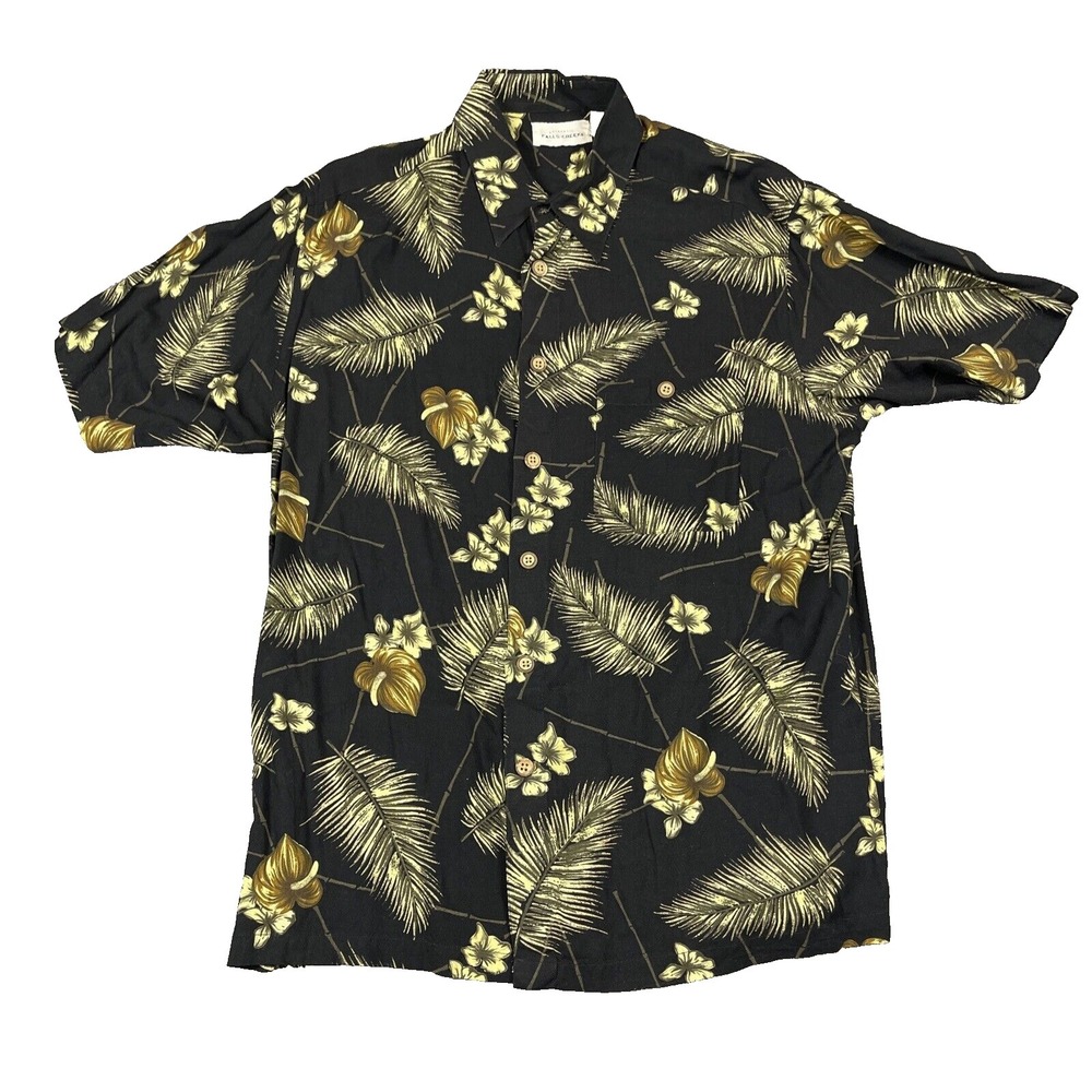 Falls Creek Shirt Mens Large Black Floral Hawaiian Palm Leaves Coastal